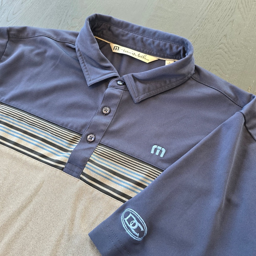 Travis Mathew Mens Polo Shirt Large Navy Blue Grey Striped Colorblock Golf Top